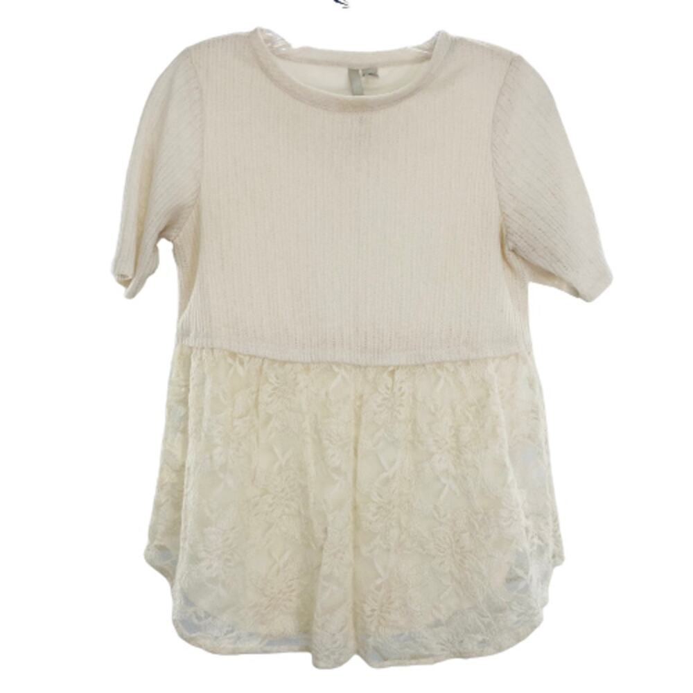 LC LAUREN CONRAD Cream Lace Peplum Skirt Short Sleeve Crew Neck Top XS